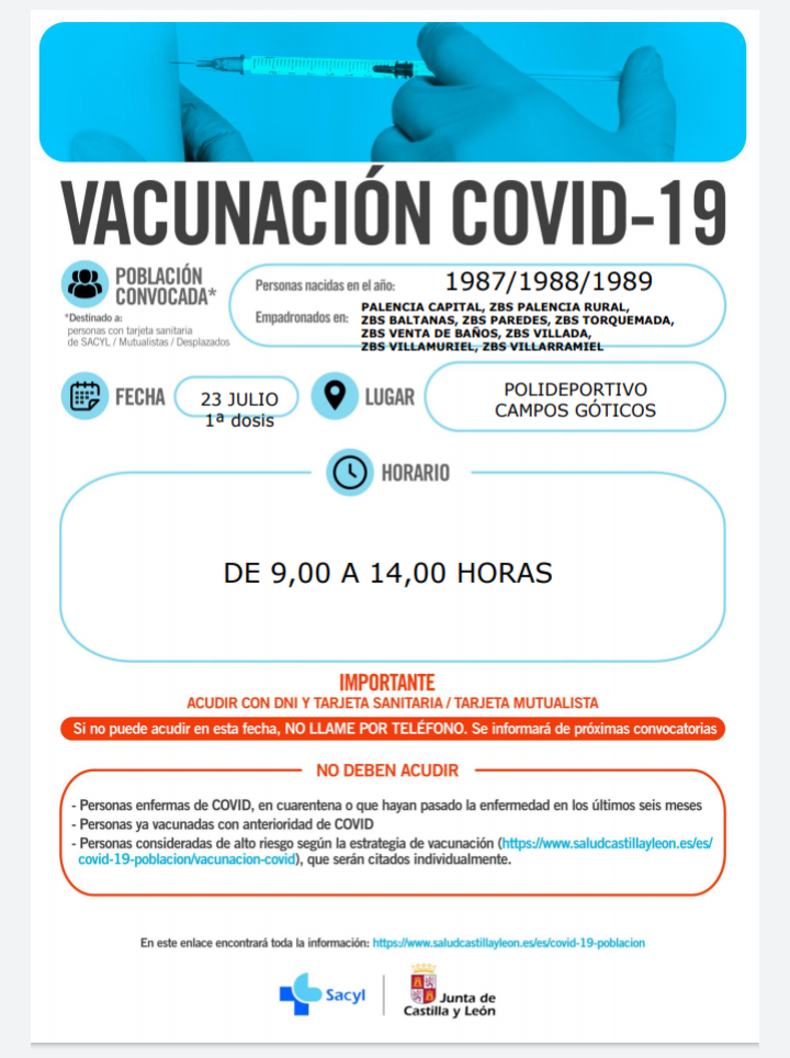 23 de julio de 2021: vacunación Covid-19. 1ª dosis: 23  de julio, nacidos en los años: 1987,1988, 1989