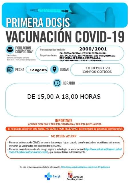 12 de agosto de 2021: Vacunación Covid-19,  1ª dosis para los nacidos en los años 2000 y 2001