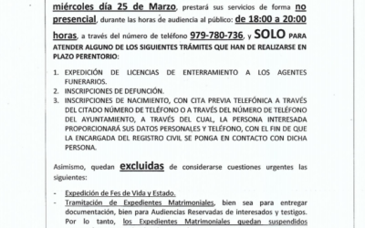 25 de marzo: INFORMACIÓN HORARIO REGISTRO CIVIL/JUZGADO DE PAZ