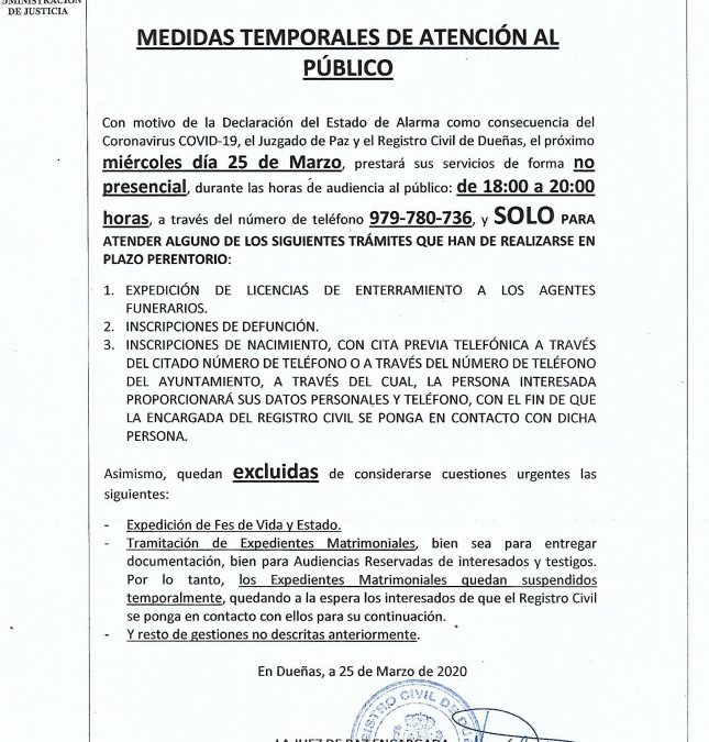 25 de marzo: INFORMACIÓN HORARIO REGISTRO CIVIL/JUZGADO DE PAZ
