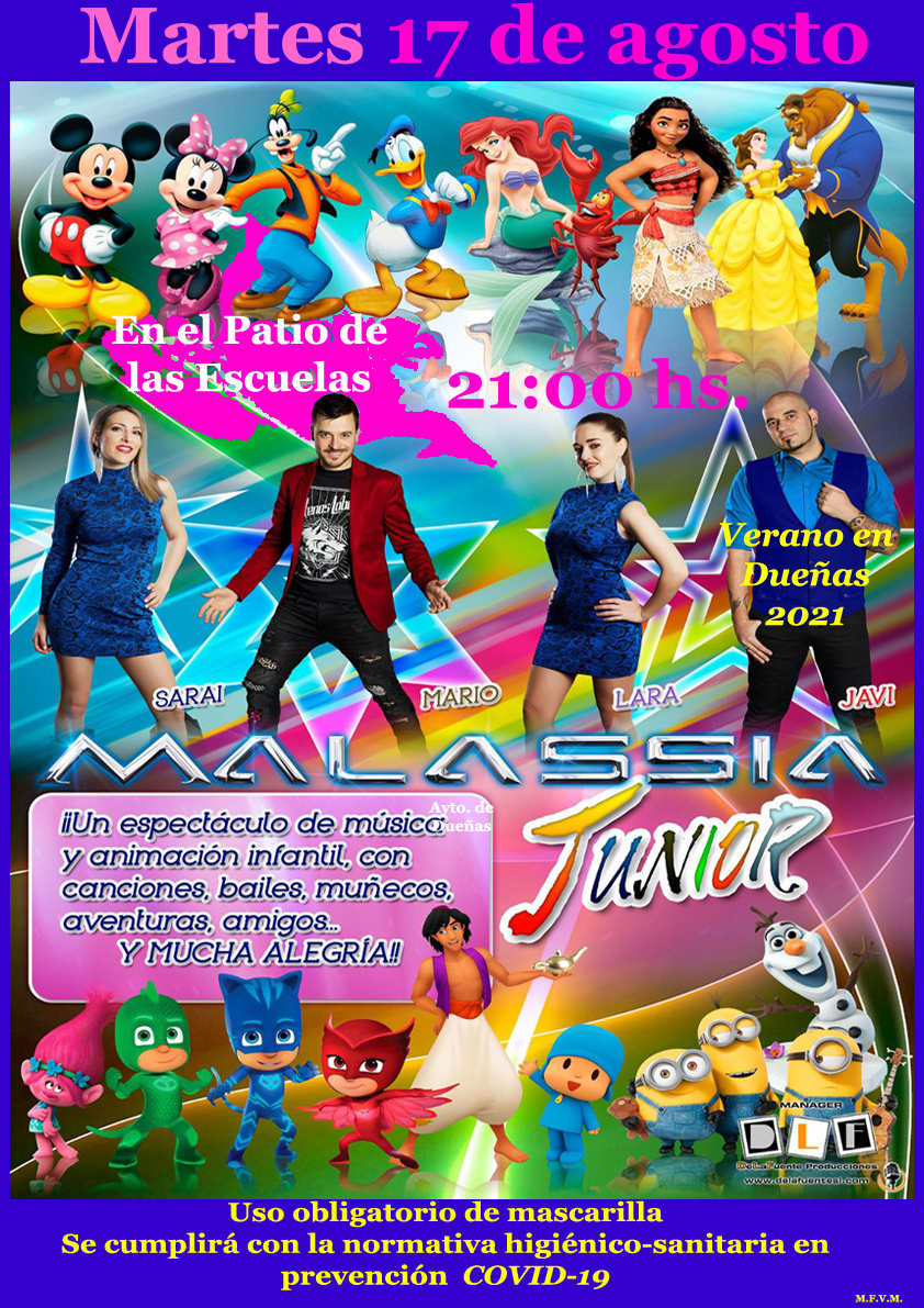 17 de agosto de 2021: Espectáculo musical infantil, Malassia Junior, 21:00 hs. Patio de las Escuelas