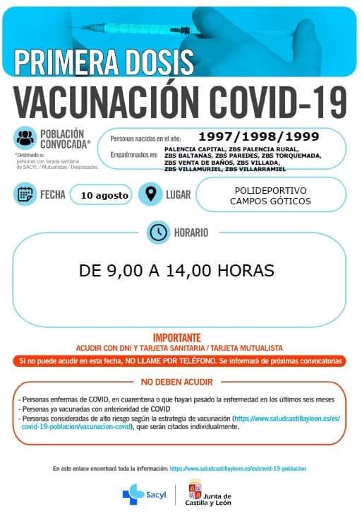 10 de agosto de 2021: Vacuna Covid 1ª dosis para los nacidos en los años 1997, 1998, y 1999