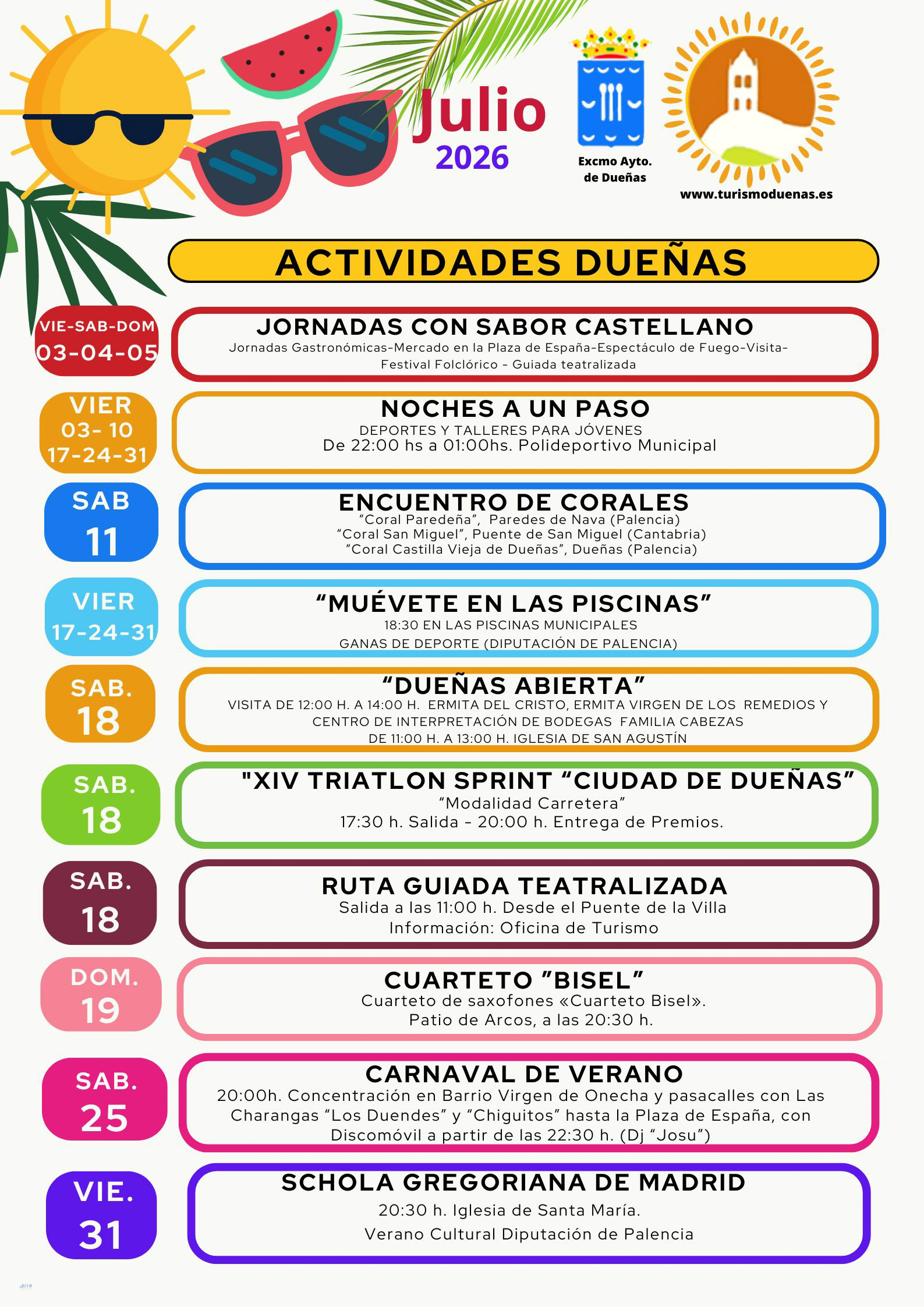ACTIVIDADES EN DUEÑAS PARA EL MES DE JULIO DE 2026